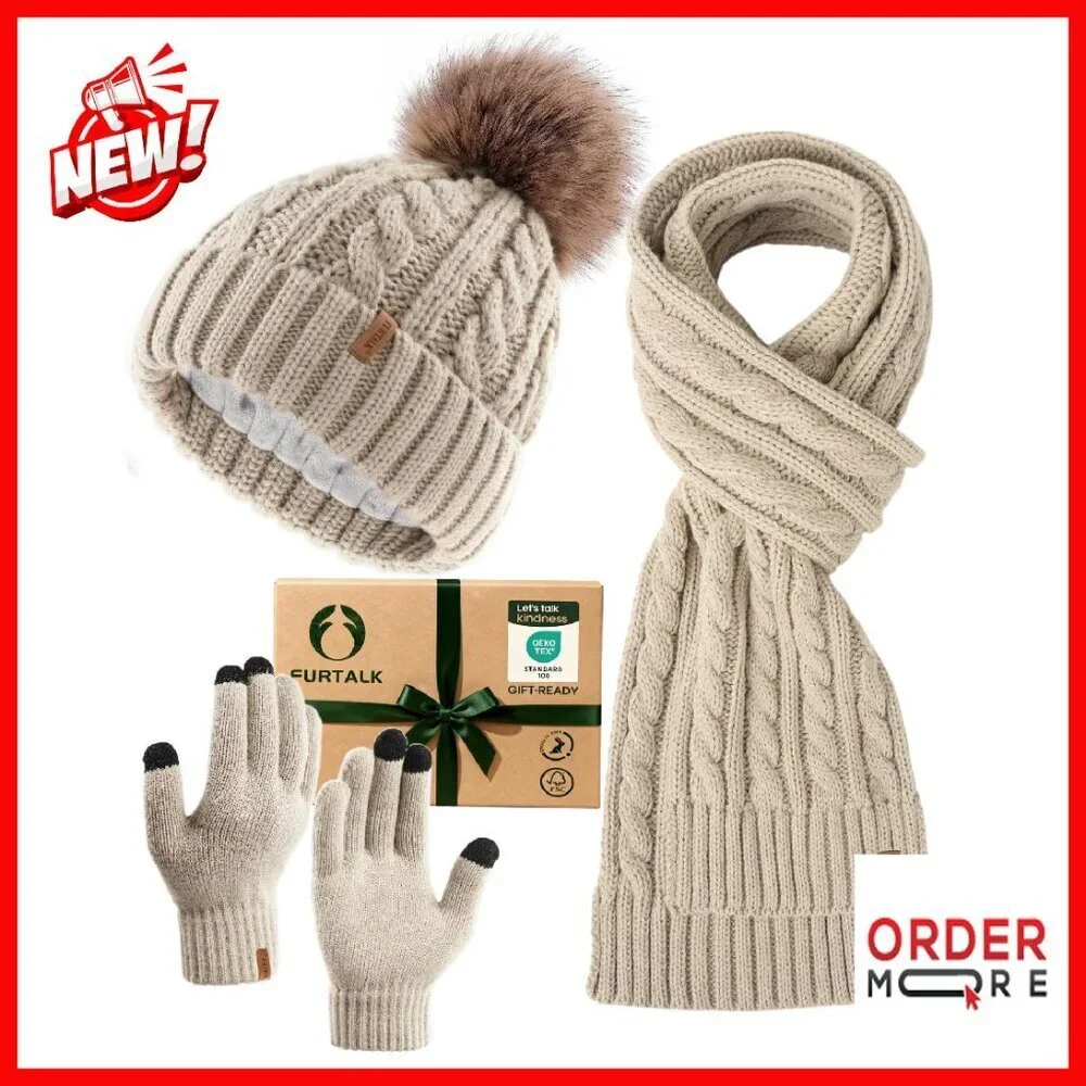 Winter Hat Scarf Gloves Set Fleece Knit Pom Beanie Touchscreen